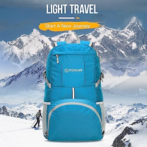 ZOMAKE Lightweight Packable Backpack 35L, Light Foldable Backpacks Water Resistant Collapsible Hiking Bag, Compact Folding Day Pack for Travel Camping(Light Blue)