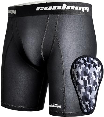 COOLOMG Youth Boys Compression Shorts with Protective Cup Sliding Underwear for Baseball Football Lacrosse Hockey