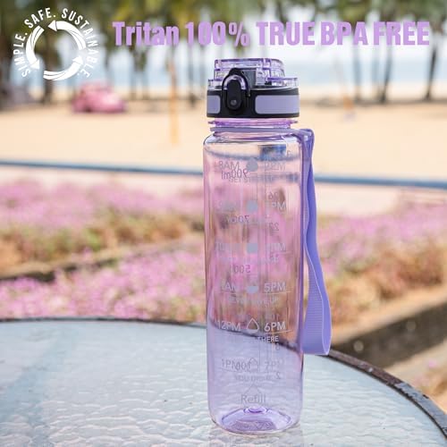 OLDLEY Water Bottle, 32oz Motivational Sports Water Bottle with Time Marker - Times to Drink - Tritan, BPA Free, Wide Mouth Leakproof,Amethyst (1 Bottle)