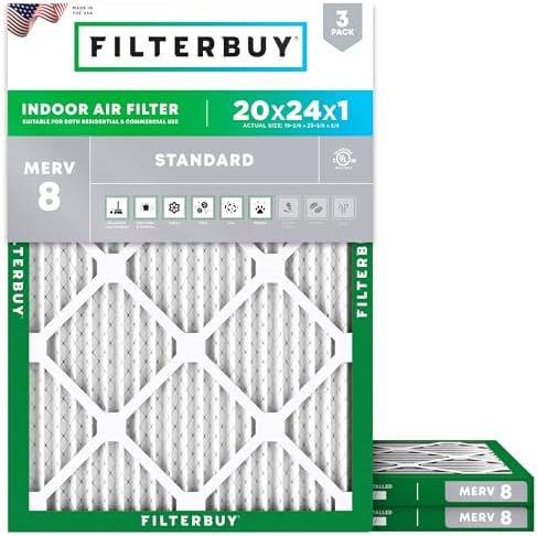Filterbuy 20x24x1 Air Filter MERV 8 Dust Defense (3-Pack), Pleated HVAC AC Furnace Air Filters Replacement (Actual Size: 19.38 x 23.38 x 0.75 Inches)