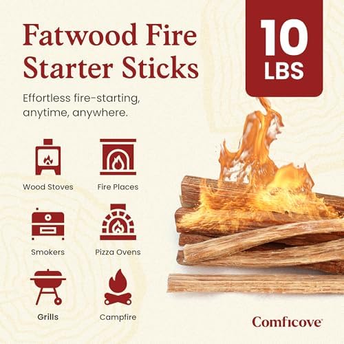 Fatwood Fire Starter Sticks 10 lbs | Premium Resin-Rich Pine Firewood | Fire Stick Ideal for Campfires, Fireplaces, Bonfires | Easy Fire Start with 2 Sticks | Camping Essentials | Comficove