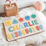 Personalized Wooden Name Puzzle with Numbers and Shapes, Custom Gift for Baby, 1st, Newborn Gift, Baby Shower, 1st Birthday, Educational Toys for Toddlers, Preschool Puzzle for Kids