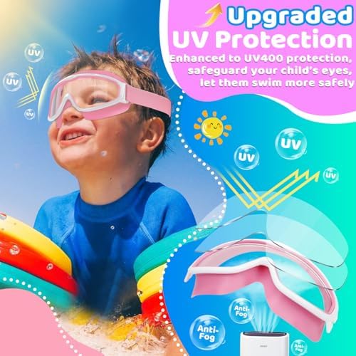 Vvinca Kids Goggles with Comfort Fabric Strap, Kids Swim Goggles Wide View Anti-Fog/UV No Leaking Swimming Goggles for 3-14