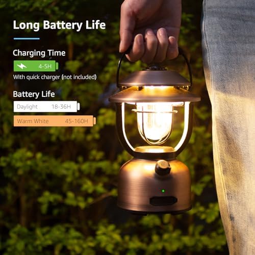 Lepro Retro Classic LED Camping Lantern, High Lumens, Daylight White 2500K and 5000K, Dimmable, USB Rechargeable, Waterproof for Camping, Vintage Decoration and Emergency (USB Charging Cable Included)