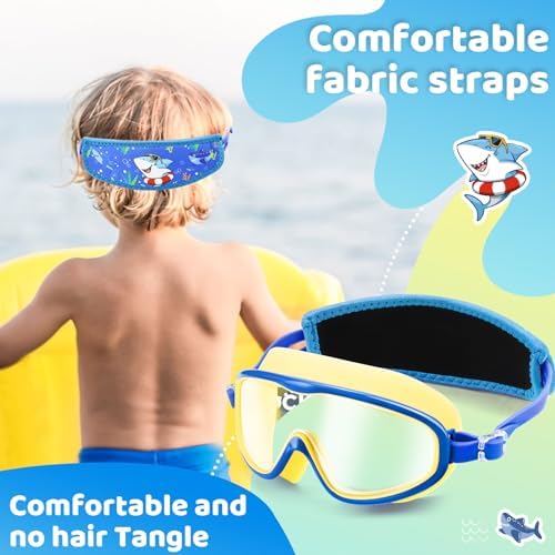 Vvinca Kids Swim Goggles for Age 2-8, Toddler-Goggles with Fabric Strap No Leak Pain-Free, Anti-Fog Goggles for Girls Boys