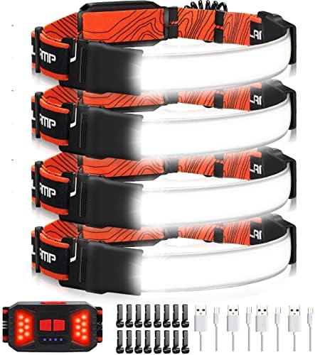Adelante LED Headlamp Flashlight, 4Pack 1000LM 230°Wide-Beam Rechargeable Head Lamp for Adults, Red Taillight & 16 Clips Waterproof Hard Hat Light Headlamps for Running Hiking and Camping