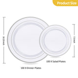 Goodluck 200PCS Silver Plastic Plates, Heavy Duty Disposable Gold Plates with 100 10.25 inch Dinner Plates and 100 7.5 inch Dessert Plates, Disposable Plates for Party, Holiday, Wedding, Christmas