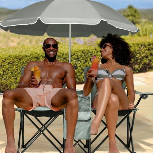 Outvita Folding Double Camping Chair w/Umbrella Beverage Holder Carrying Bag Cooler Fold Up Table, Large Bearing Capacity for Beach Patio Pool Park Outdoor Gray