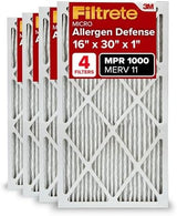 Filtrete 16x30x1 AC Furnace Air Filter, MERV 11, MPR 1000, Micro Allergen Defense, 3-Month Pleated 1-Inch Electrostatic Air Cleaning Filter, 4 Pack (Actual Size 4-Pack 29.813x15.813x0.656 in)