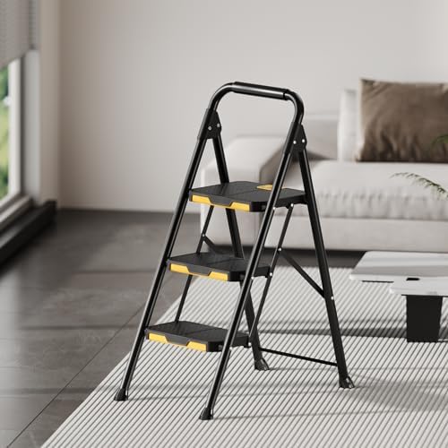 KINGRACK 3 Step Ladder, Sturdy Steel Step Stool with Safe-Lock Design, Handrail, Anti-Slip Wide Pedals, Pass 800lbs Load Testing, Folding Portable Ladder for Multi-Purpose, Home, Kitchen, Black