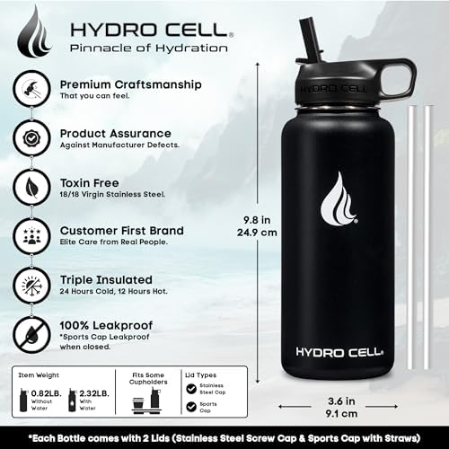HYDRO CELL Stainless Steel Insulated Water Bottle with Straw - For Cold & Hot Drinks - Metal Vacuum Flask with Screw Cap and Modern Leakproof Sport Thermos for Adults (Black 32oz)