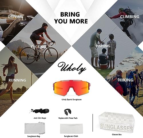 Ukoly Cycling Sunglasses for Men Women with 3 Interchangeable Lenses, Polarized Sports Sunglasses, Baseball Sunglasses