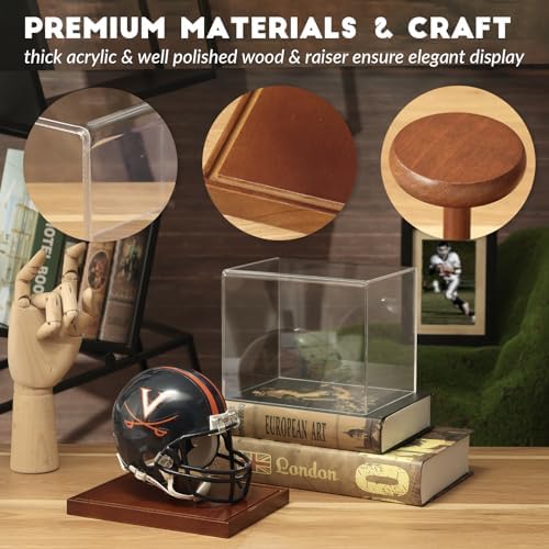 JupDec Mini Helmet Display Case, Acrylic Clear 1/2 Football Baseball Helmet Showcase, UV Protection Souvenirs and Collectibles Box with Solid Wood Base & Riser, Ideal Gift for Sports Enthusiast