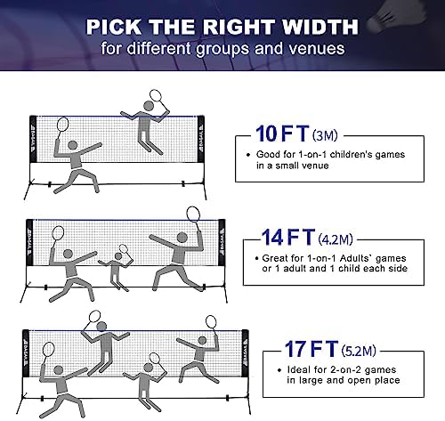 BAGAIL Badminton Net, Height Adjustable Kids Volleyball Net, Foldable Nylon Net 10 ft/14ft/17ft Wide, Tennis Net, Small Pickleball Net for Backyard Game and Indoor Outdoor Use, Easy Setup