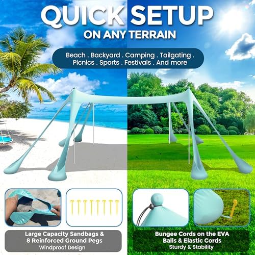 Beach Canopy Beach Tent Pop Up Shade 10x10ft Sun Shelter UPF50+ with 8 Sandbags-2 Sand Shovel-4 Aluminum Poles-Ground Pegs-Portable Carrying Bag for Outdoor Family Camping Fishing Yard Picnic