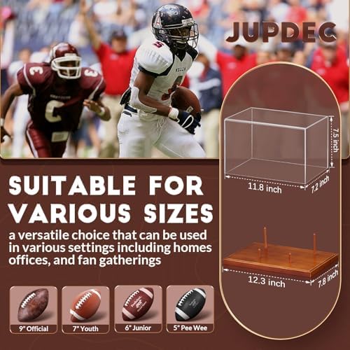 JupDec Football Display Case Full Size, Acrylic Clear Box with Wood Stand, UV Protected Memorabilia Holder, for Football Fans & Collectors, Sports Collectibles, No Assembly Required