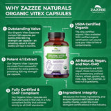 Zazzee USDA Organic Vitex, 500 mg Strength, 120 Vegan Capsules, 4 Month Supply, Standardized and Concentrated 4X Extract, Whole USDA Certified Organic Chaste Berry, All-Natural and Non-GMO