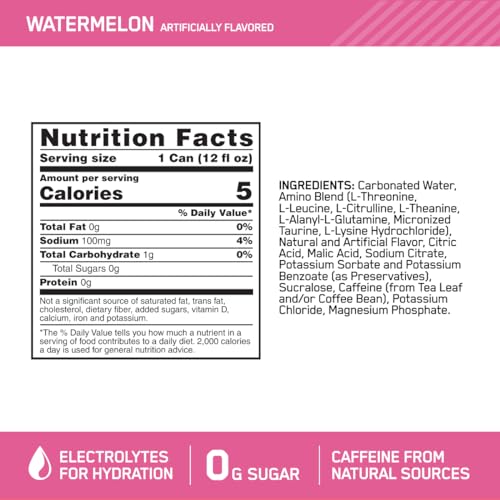 Optimum Nutrition Amino Energy Sparkling Hydration Drink, Electrolytes, Caffeine, Amino Acids, BCAAs, Sugar Free, Watermelon, 12 Fl Oz, (Packaging May Vary),12 Count (Pack of 2)