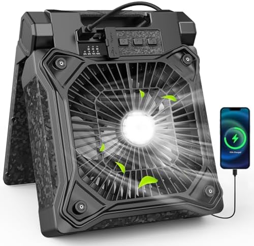 Solar Camping Fan with LED Lantern, 20000mAh Rechargeable Battery Powered with 10W Solar Panel and Emergency Power Bank, Quiet Battery Operated Tent Fan for Picnic, Barbecue, Fishing, Travel