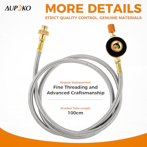 Aupoko Camping Gas Stove Extension Hose 1m, Camping Fuel Canister Valve Tube Pipe Hiking Stove Butane Gas Adapter Convert Connector (1 Meter Flat Gas Tank Extension Tube)