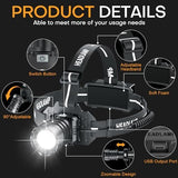 LED Rechargeable Headlamp, Head Lamp Super Bright with 9 Modes & IPX6 Waterproof Zoomable Head Lights for Forehead, 90° Adjustable Headlamps for Camping Hiking Hunting Fishing Car Repair
