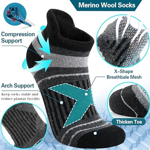EBMORE 6 Pairs Merino Wool Ankle Hiking Running Socks Compression Support Thick Cushion No Show Socks for Men Women