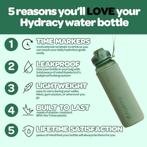 Hydracy Water Bottle with Time Marker -Large BPA Free Water Bottle & No Sweat Sleeve -Leak Proof Gym Bottle with Fruit Infuser Strainer & Times to Drink -Ideal for Fitness Sports & Outdoors