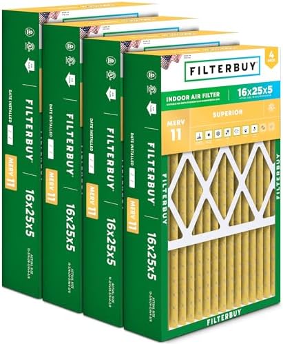 Filterbuy 16x25x5 Air Filter MERV 11 Allergen Defense (4-Pack), Pleated HVAC AC Furnace Air Filters for Honeywell FC100A1029, Lennox X6670, Carrier, & More (Actual Size: 15.75 x 24.75 x 4.38 Inches)