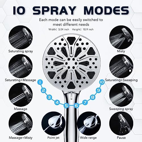 12''Rainfall Shower Head with Handheld Combo High Pressure 8+2 MODE built-in power wash, Stainless Steel Chrome Showerhead with 11'' Extension Arm Height/Angle Adjustable with Holder&60"Hose