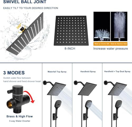 NearMoon Shower Head with Hose, High Pressure Stainless Steel Rain Shower and 3 Settings Handheld Spray Combo with Push Button Flow Control (8 Inch Showerhead Set, Matte Black)