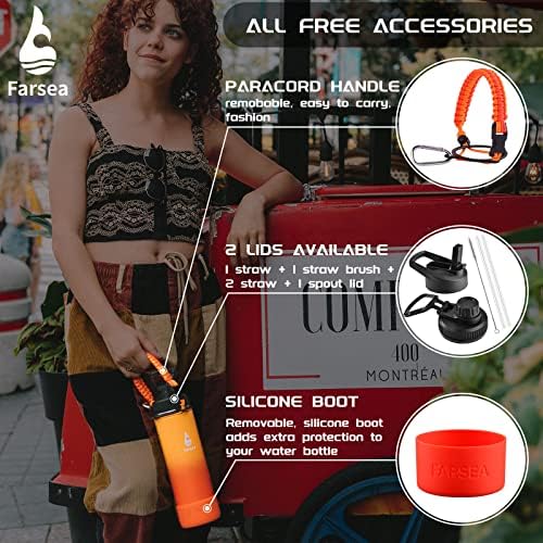 Farsea Insulated Water Bottle With Paracord Handle, Protective Boot and 2 Lids (Straw Lid & Spout Lid), Stainless Steel Water Bottle Wide Mouth, Double Wall Sweat-Proof BPA-Free, 18 oz