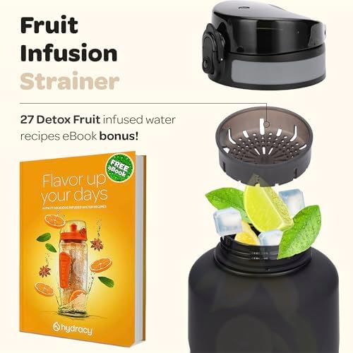 Hydracy Water Bottle with Time Marker -Large BPA Free Water Bottle & No Sweat Sleeve -Leak Proof Gym Bottle with Fruit Infuser Strainer & Times to Drink -Ideal for Fitness Sports & Outdoors