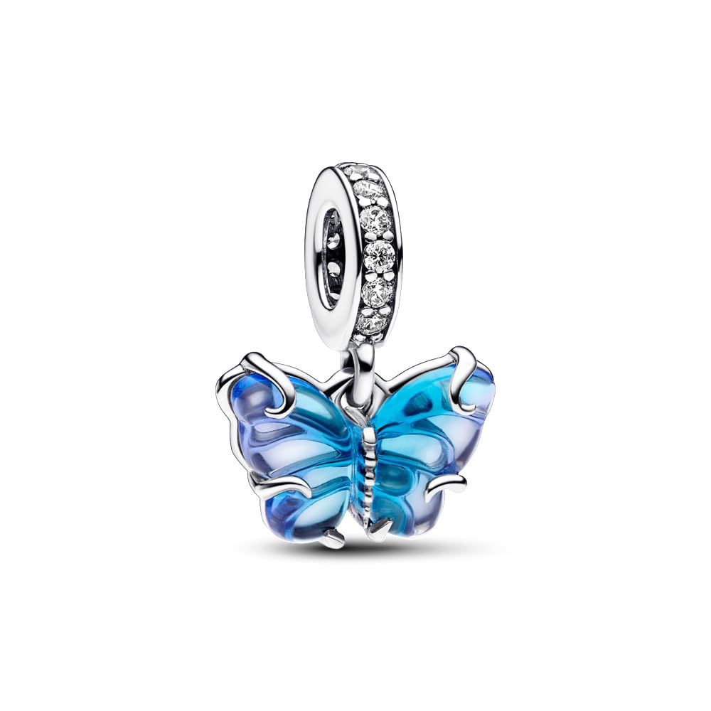 PANDORA Blue Murano Glass Butterfly Dangle Charm - Compatible with PANDORA Moments - Gift for Her - Sterling Silver & Murano Glass with Cubic Zirconia - With Gift Box