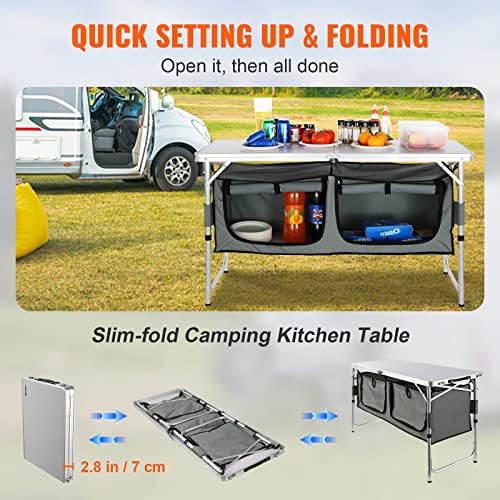 VEVOR Camping Kitchen Station, 3 Adjustable Height Folding Outdoor Camp Cooking Table with Storage Organizer, Quick Set-up for Patio BBQ Picnic Glamping Traveling