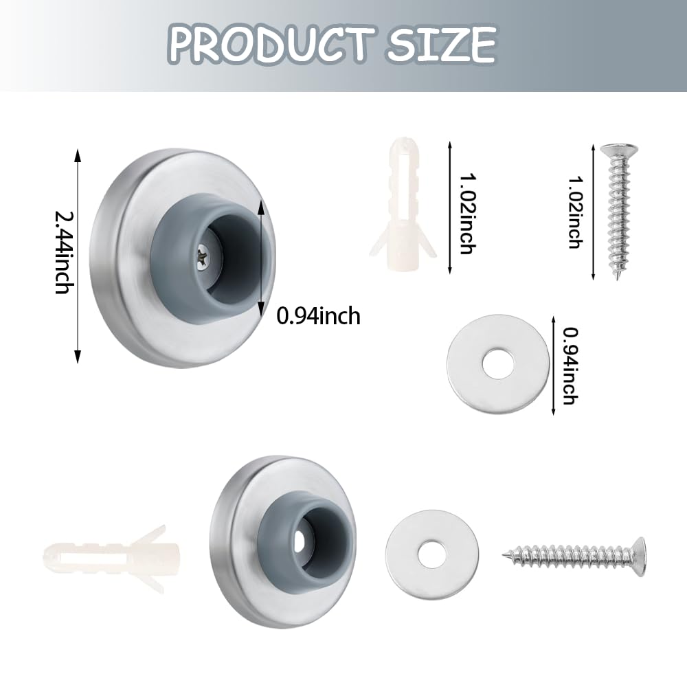 6pcs Concave Wall Door Bumper Stop Gray Rubber Wall Mount Door stoppers Silver Stainless Round Door Knb Stop Protector Prevent Door Handle Damage Shield Walls, Easy to Install (Grey)