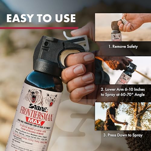 SABRE Frontiersman MAX 9.2 oz. Bear & Mountain Lion Attack Deterrent, Up to 40 ft Range, Contains 2% Major Capsaicinoids + Frontiersman Bear Horn (FBH-LT-AMZ) Kit, Glow-in-The-Dark Safety