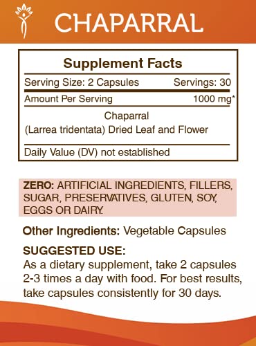 Secrets of the Tribe Chaparral 60 Capsules, 1000 mg, Chaparral (Larrea tridentata) Dried Leaf and Flower (60 Capsules)