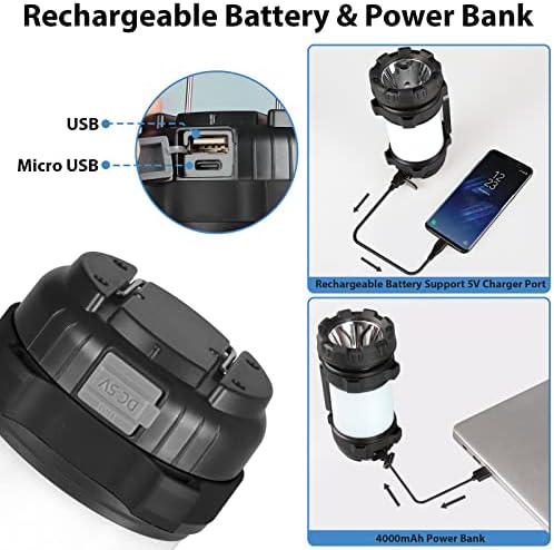 2 Pack Camping Lantern, Outdoor LED Camping Light, Rechargeable Flashlights with 1000LM, 6 Modes, 4000mAh Power Bank, IPX5 Waterproof Portable Emergency Camp Light for Hurricane Survival - Black