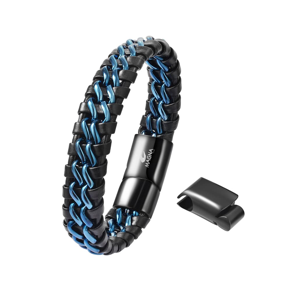 Magna Steel Men's Braided Genuine Leather Link Steel Chain Bracelet (Blue)