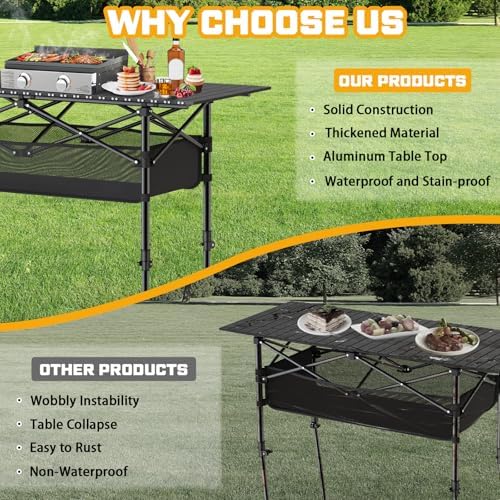 Height Adjustable Camping Table, Outdoor Folding Camping Table with Mesh Storage/Carrying Bag, Portable Aluminum Roll-up Table for Camping, Party, Backyard, BBQ