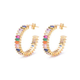 Savlano 14K Gold Plated Cubic Zirconia Multicolor Rainbow Round Hoop Stud Earrings for Women Comes with a Gift Box (Yellow)
