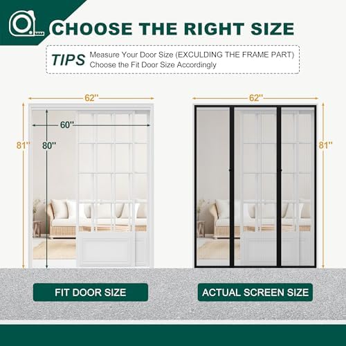 Magnetic Screen Door, Fits Door Size 60" X 80", Door Mesh with Magnetic Closure and Super Strong Magnets, Heavy Duty Double Opening for Sliding Patio and French Doors
