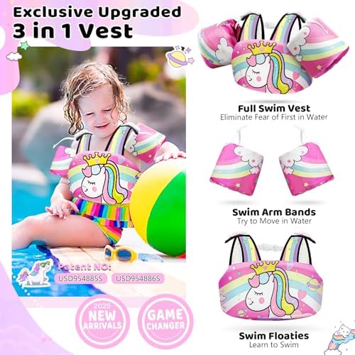 Vvinca Separable Toddler Swim Vest Fit 22-66 Lbs（1-6 Years）|2025 Newest 3 in 1 Pool Float & Arm Bands Boys and Girls, Adjustable Sturdy Safety for Infant 1 2 3 4 5 6 Year