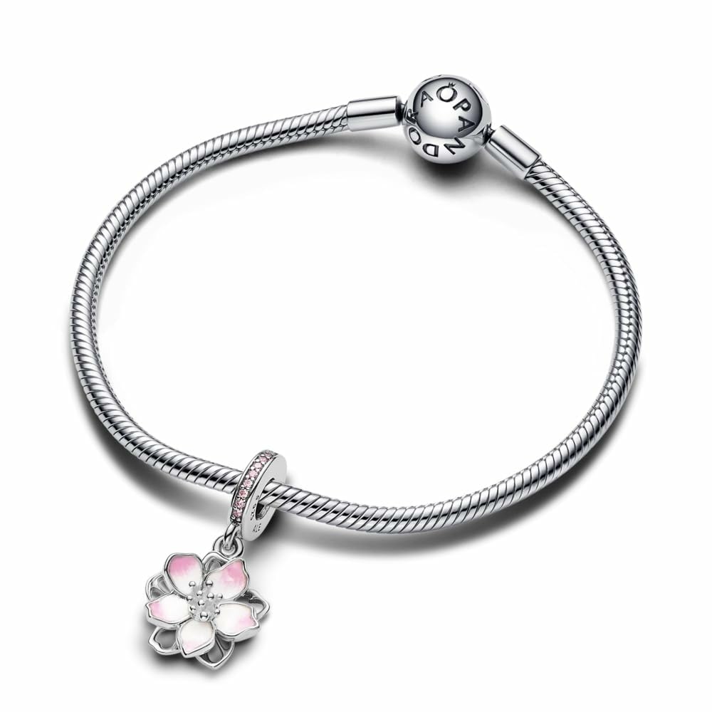 PANDORA Moments Cherry Blossom Dangle Charm - Sterling Silver Charm with Cubic Zirconia & Enamel - Jewelry for Women - Includes Gift Box