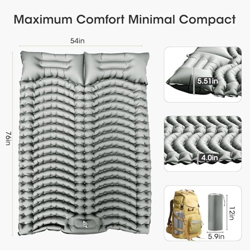 Double Sleeping Pad Self-Inflating 4" Thick for 2 Person Camping - Built-in Foot Pump, Ergonomic Pillow & Ultra-Portable Design for Backpacking, Hiking, Tent Use