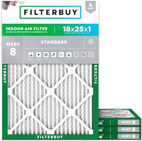 Filterbuy 18x25x1 Air Filter MERV 8 Dust Defense (4-Pack), Pleated HVAC AC Furnace Air Filters Replacement (Actual Size: 17.50 x 24.50 x 0.75 Inches)