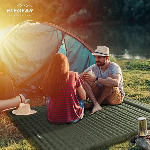 Elegear Double Sleeping Pad for Camping, 4" Ultra-Thick Self Inflating Camping Pad 2 Person with Pillow Built-in Foot Pump, Portable Camping Sleeping Mat for Backpacking, Hiking, Tent(Army Green Full)