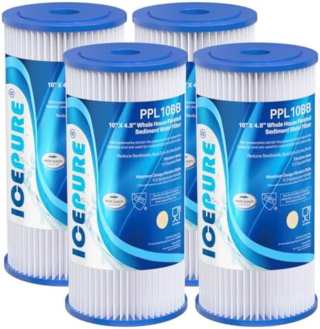 ICEPURE 20 Micron 10" x 4.5" Whole House Sediment Pleated Water Filter Replacement for GE FXHSC, Culligan R50-BBSA, Pentek R50-BB, DuPont WFHDC3001, W50PEHD, GXWH40L, GXWH35F for Well Water, 4PACK