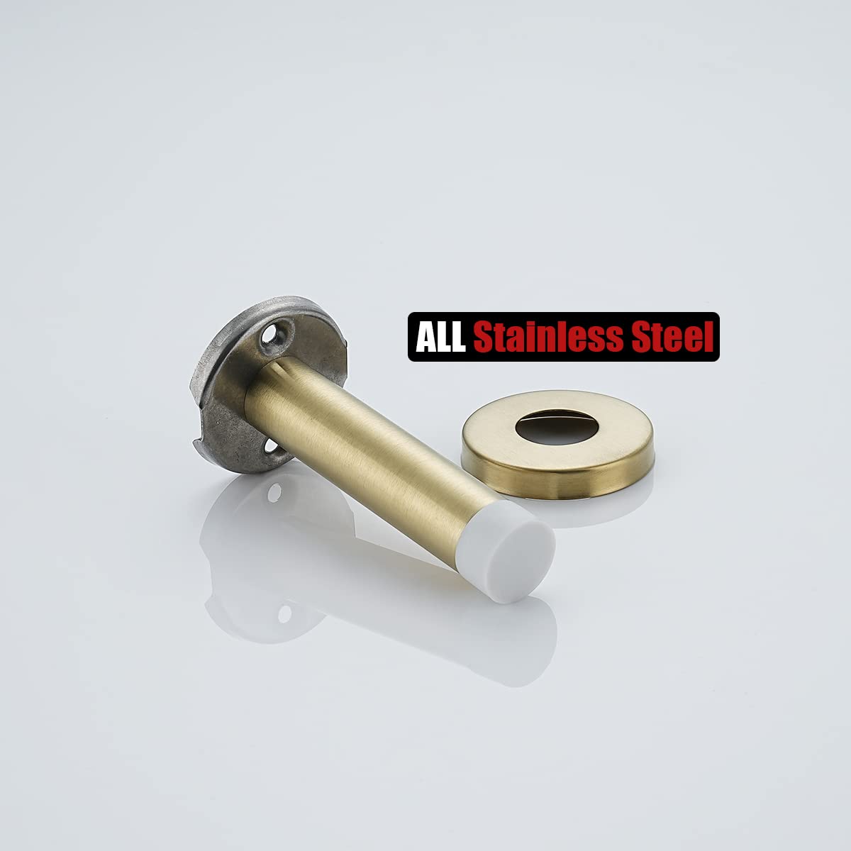 JQK Door Stopper Gold, 304 Stainless Steel Thicken 1mm Sound Dampening Door Stop Bumper Wall Protetor 4 Pack, Brushed Gold White Tip, DSB5-WG-P4