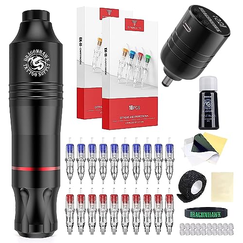 Dragonhawk Wireless Tattoo Gun Kit Atom Pen Machine Complete Tattoo Kit Cartridges Needles Battery Power Supply for Beginner Artists
